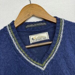 Vintage Quiksilver Sweater Mens XL Blue Surf Wool Blend Shaggy V Neck Solid 90s
